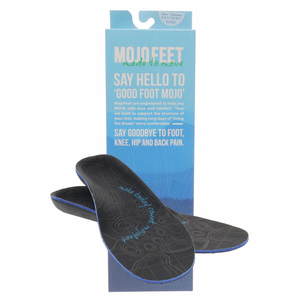 Orthotic inserts and their blue product box, which says "Say Hello to 'Good Foot Mojo'"