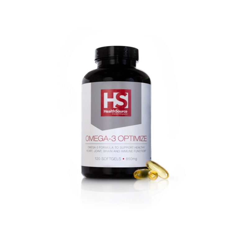 Omega-3 Optimize supplement bottle on white background.