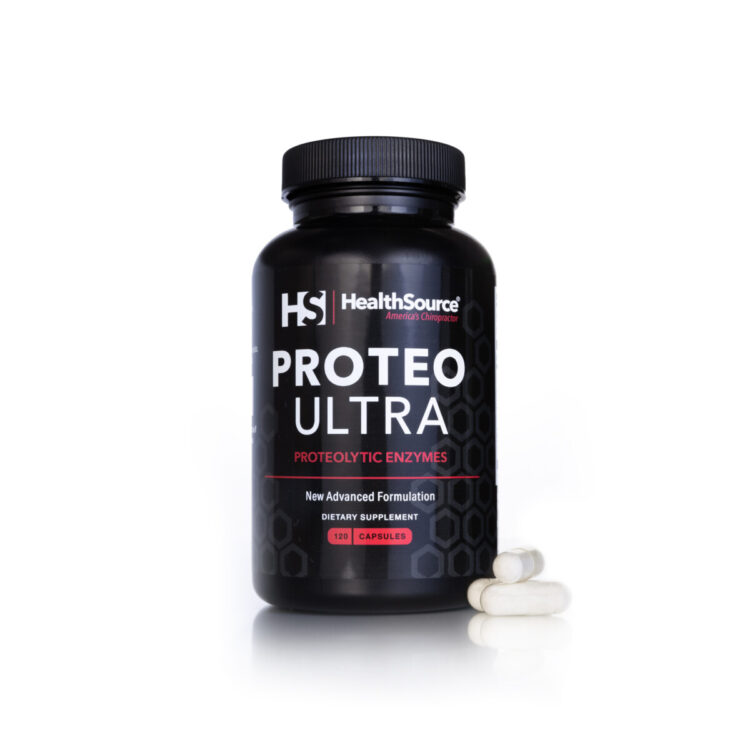 Proteo-Ultra supplement bottle on white background.