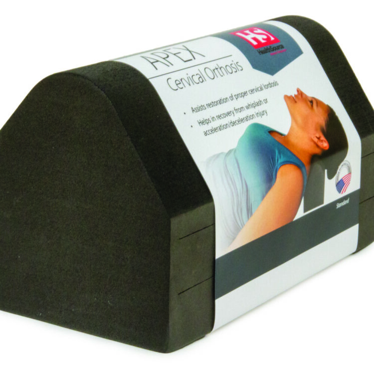 Dark grey cervical orthosis pillow in its packaging