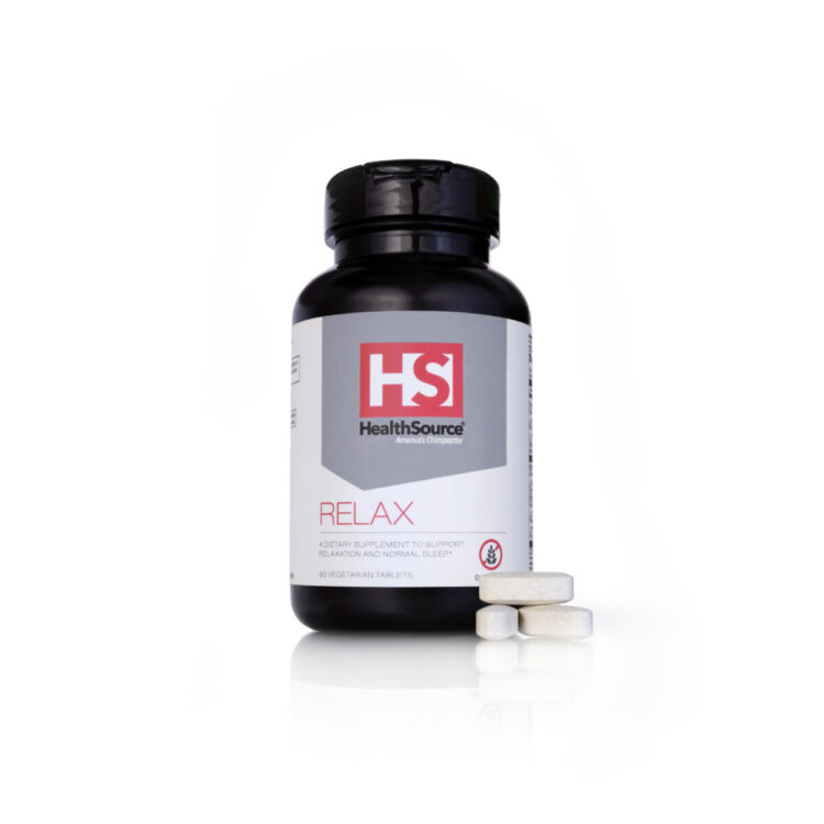 Relax supplement bottle on white background.