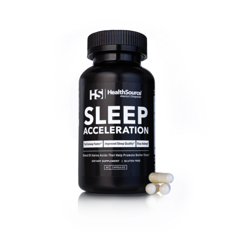 Sleep Acceleration supplement bottle on white background.