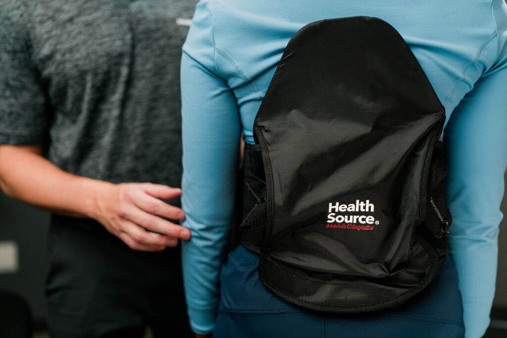 Close up of a HealthSource brand back brace.