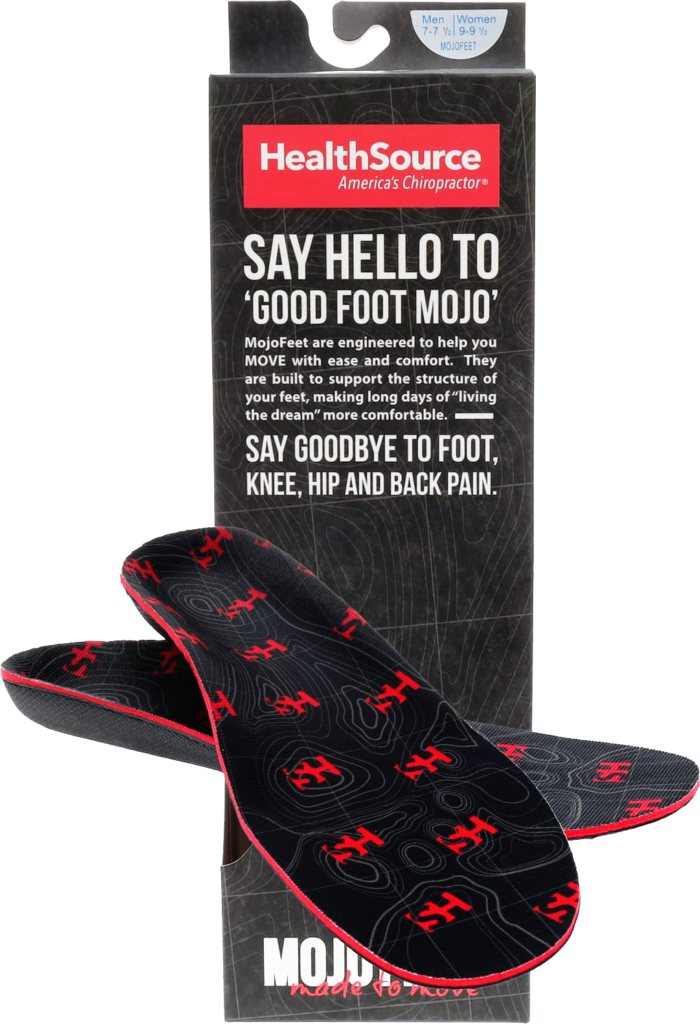 Orthotic inserts and their black product box, which says "Say Hello to 'Good Foot Mojo'"