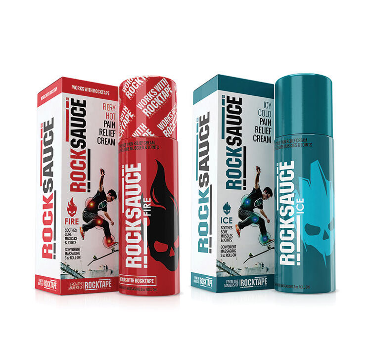 Product image of both RockSauce Fire and RockSauce Ice along with their packaging.