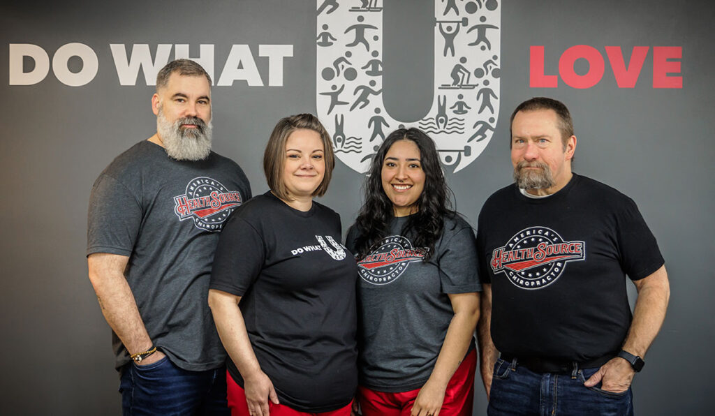 Team picture of Dr. Joshua Pepping, Jay Gerken, Maya and Mari at HealthSource of Federal Way