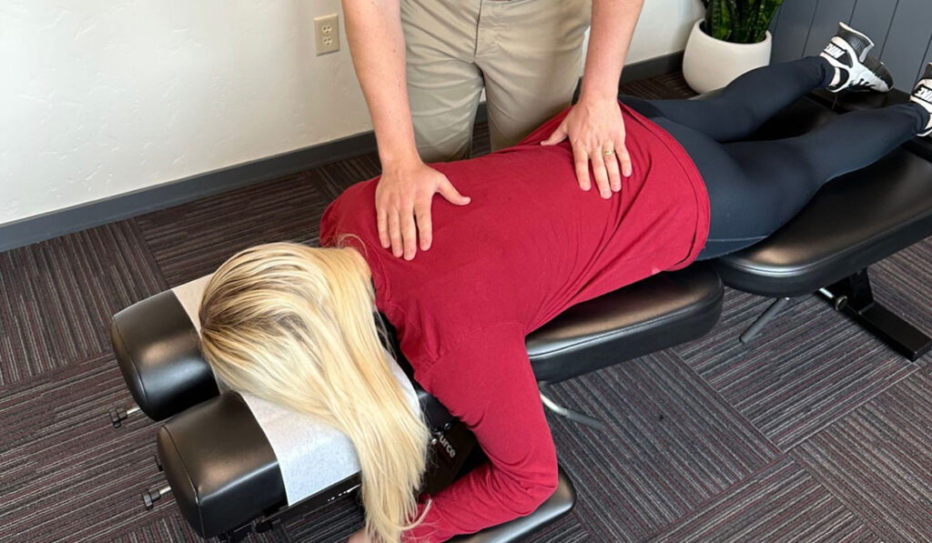 A chiropractic patient being adjusted by Dr. Kurt Slonaker at HealthSource of Meridian