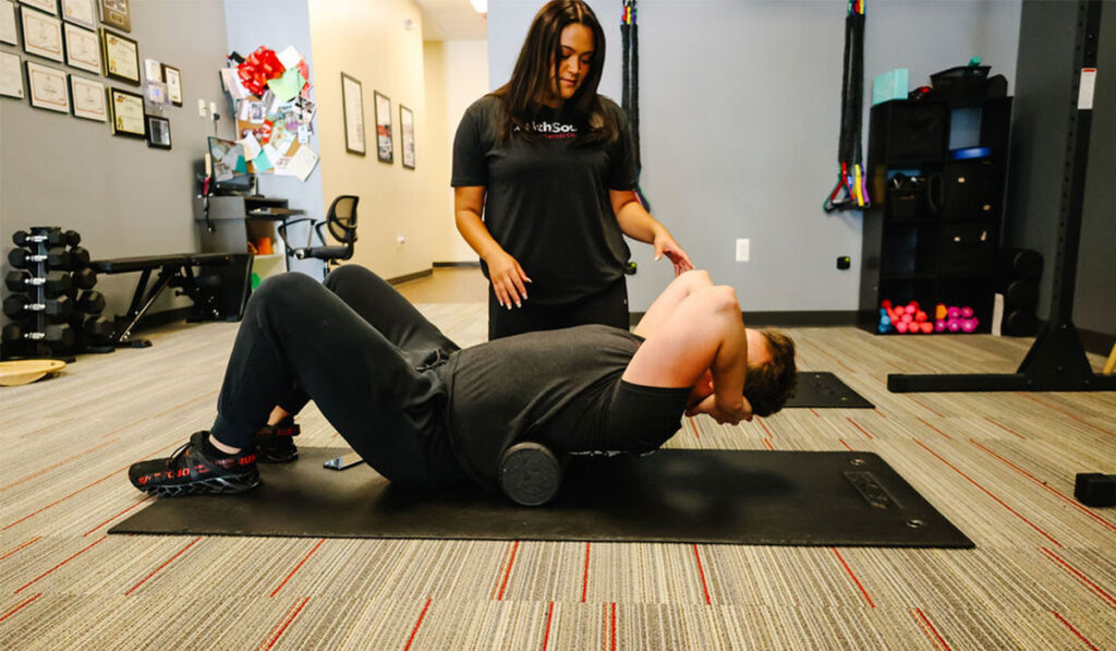 A patient doing functional exercise and rehabilitation at HealthSource of Rocky River