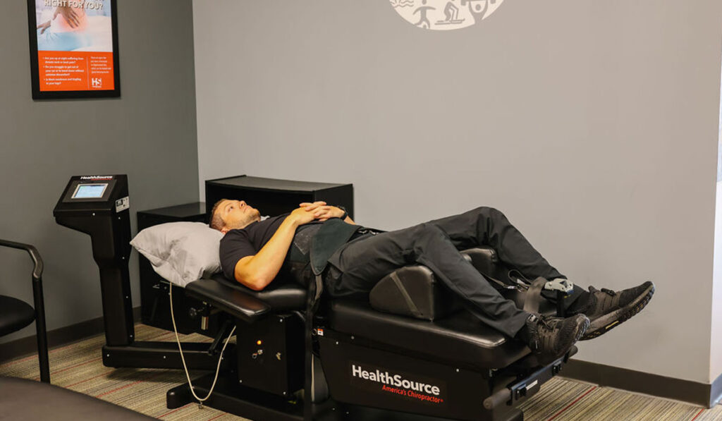 A patient receiving spinal decompression therapy at HealthSource of Rocky River